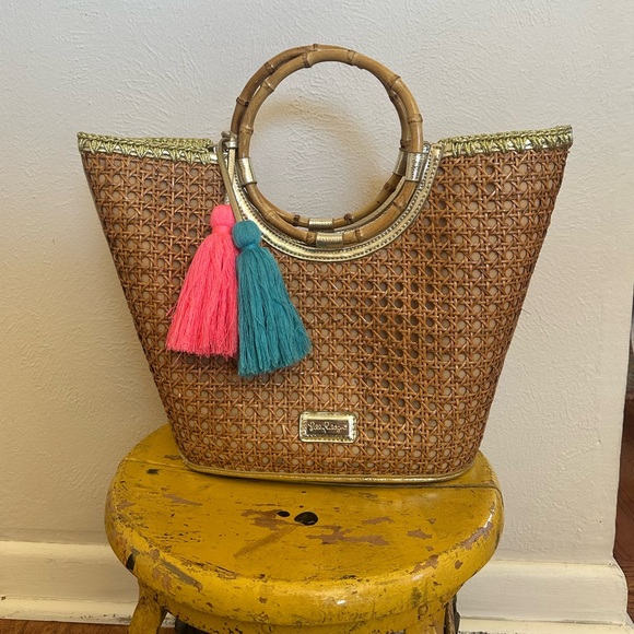 Lilly Pulitzer Grotto Cane Wicker Tote Purse Woven Natural Beach - Picture 11 of 12
